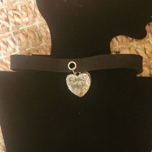 Black Velvet Whimsical Goth Choker Necklace with Silver Heart Locket Pendant